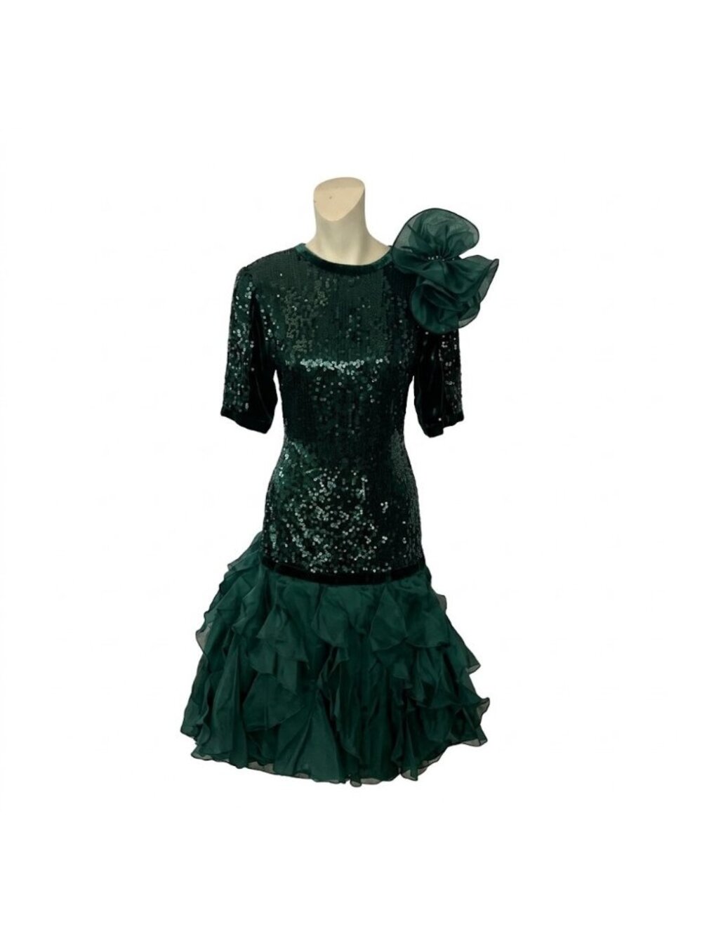 Vintage 80s Judith Ann Creations Emerald Sequin Silk Tiered Dress Small